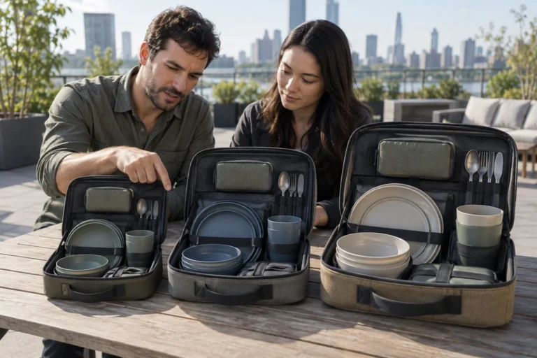 Modular camping set compatibility review across three dinnerware set sizes on a rooftop sample table