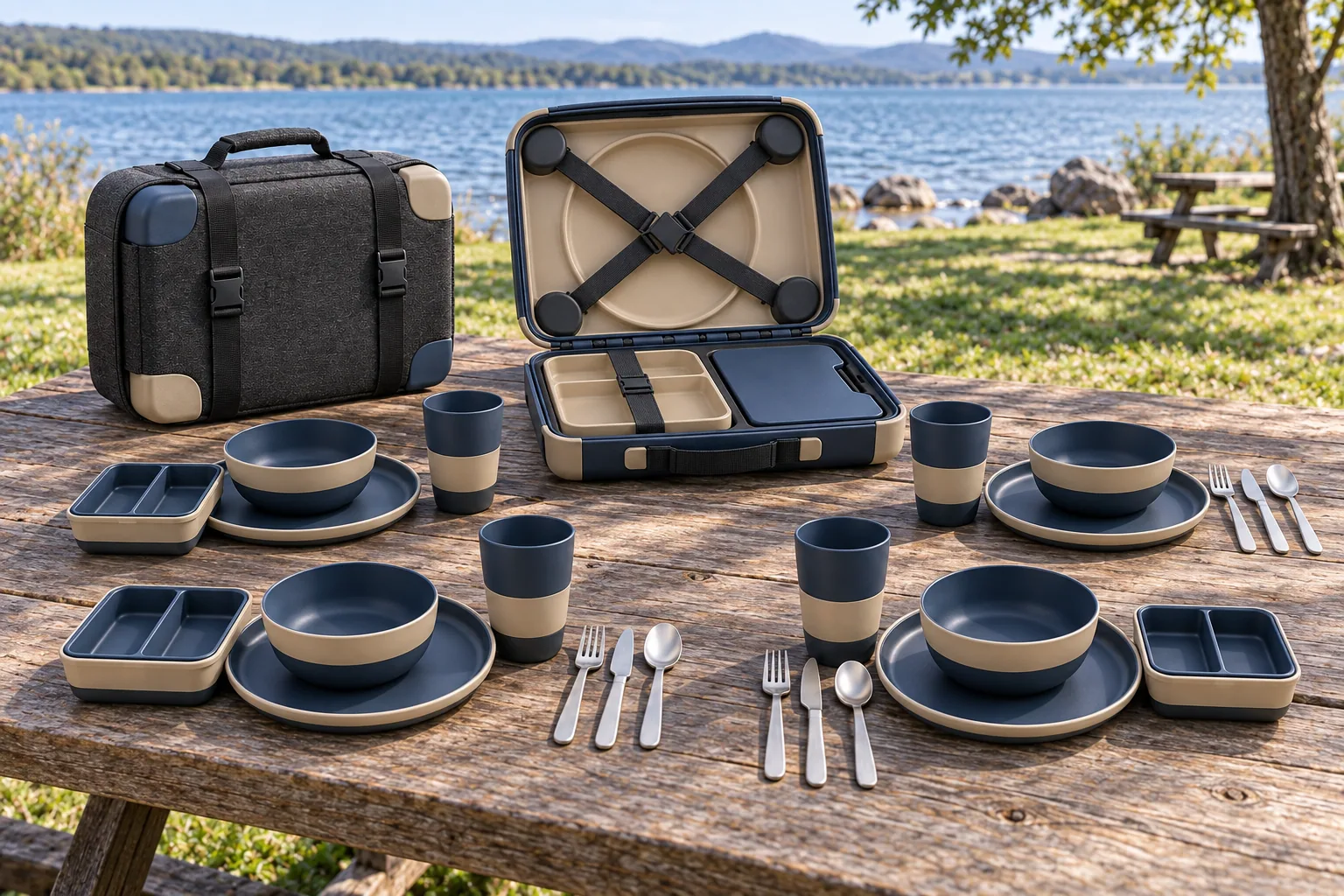 Cross-Strap Family Set Outdoor Application Cross-Strap camping dinnerware set arranged as four place settings beside a lake