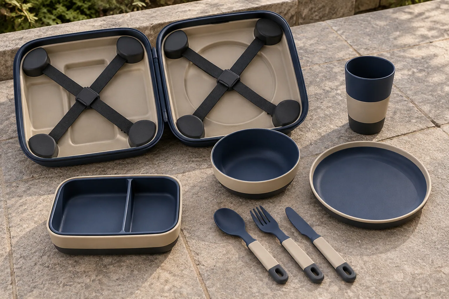 Cross-Strap Set Reference Configuration Cross-Strap camping dinnerware components and open compression case configuration