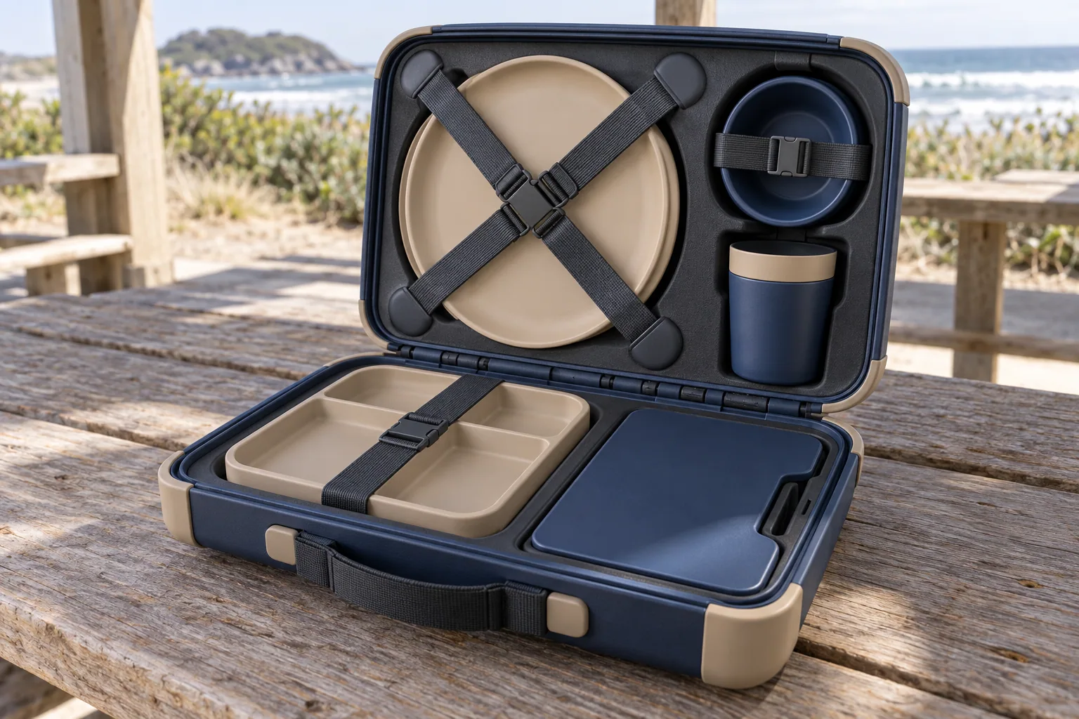 Cross-Strap Compression Case Detail Cross-Strap clamshell case showing corner pods retention straps and fitted component zones