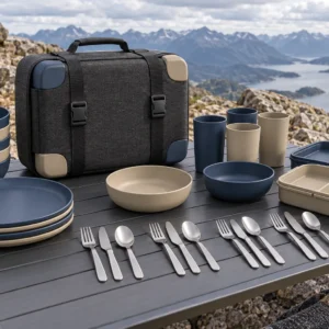 Complete Cross-Strap compression camping dinnerware set at a rocky mountain overlook