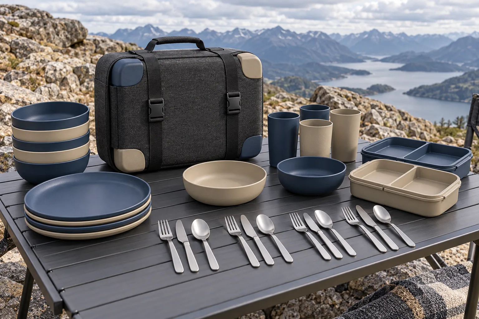 Complete Cross-Strap compression camping dinnerware set at a rocky mountain overlook