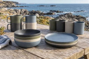 Handled vs handleless camping cups beside nested plates and bowls at a coastal picnic table