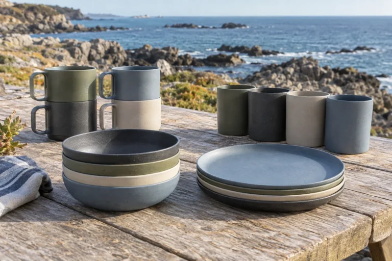 Handled vs handleless camping cups beside nested plates and bowls at a coastal picnic table