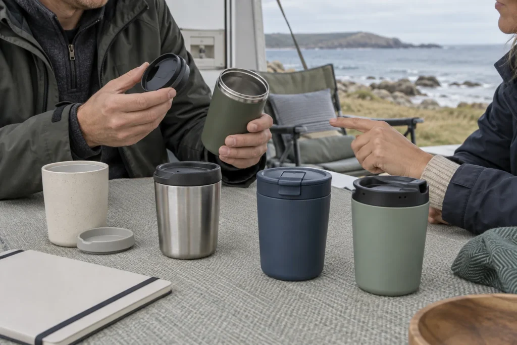 Buyers review camping cup lid specification samples at a coastal caravan awning