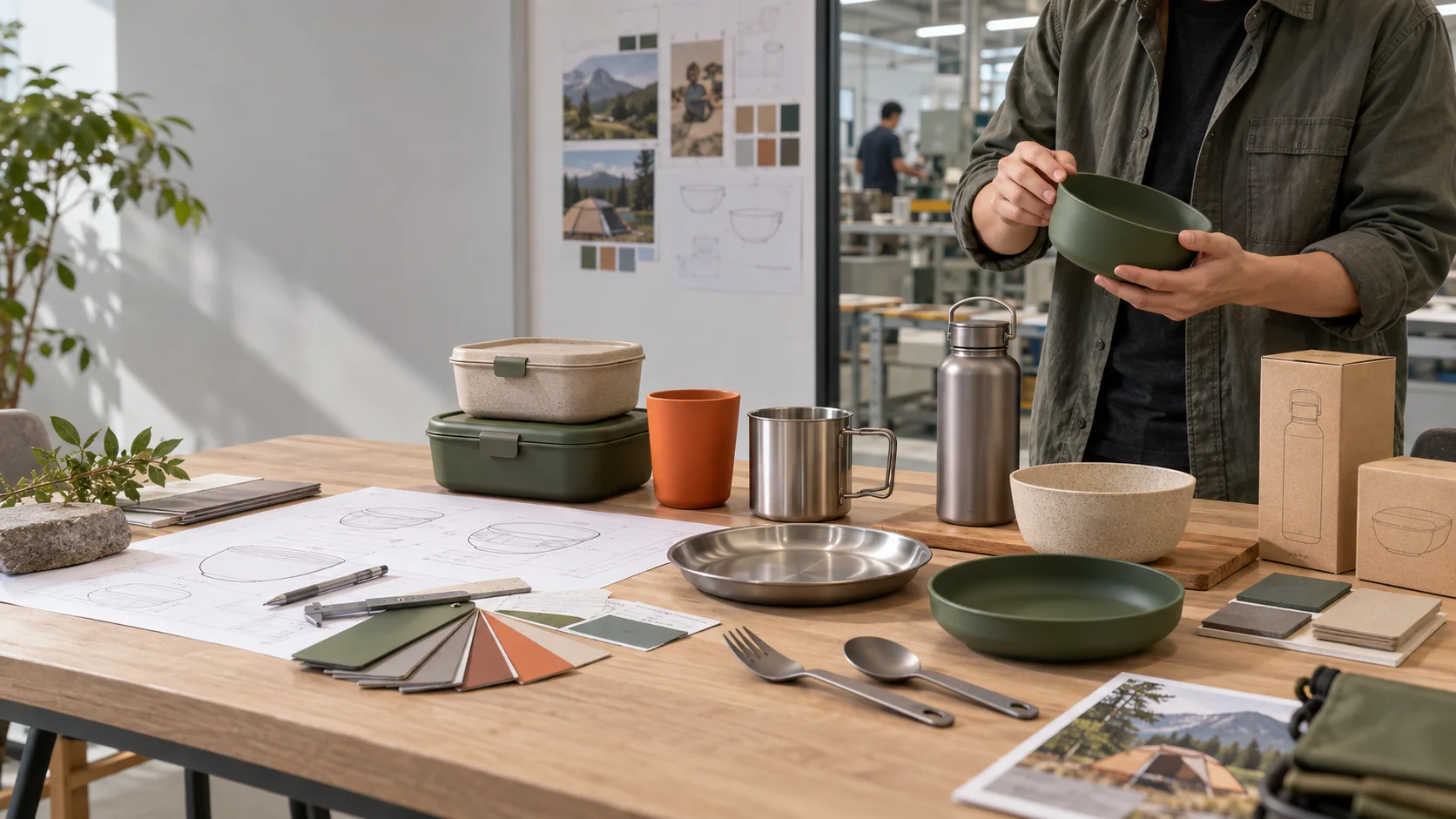 Custom outdoor tableware development with material samples and product drawings