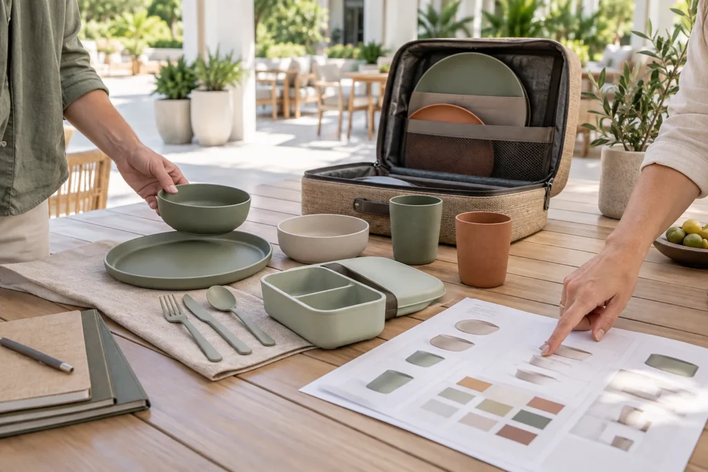 Procurement team reviewing a custom camping dinnerware brief with carry case plates bowls cups lunch box and cutlery on a patio table