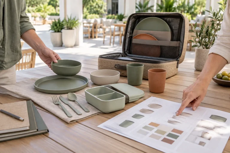 Procurement team reviewing a custom camping dinnerware brief with carry case plates bowls cups lunch box and cutlery on a patio table