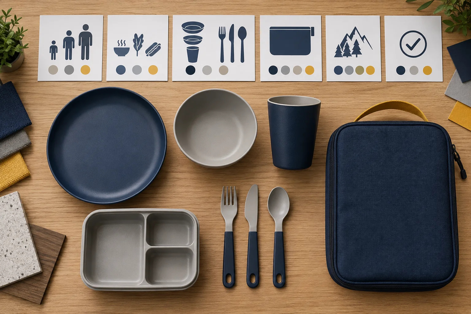 Top-down custom camping dinnerware brief review with component samples carry case and decision cards