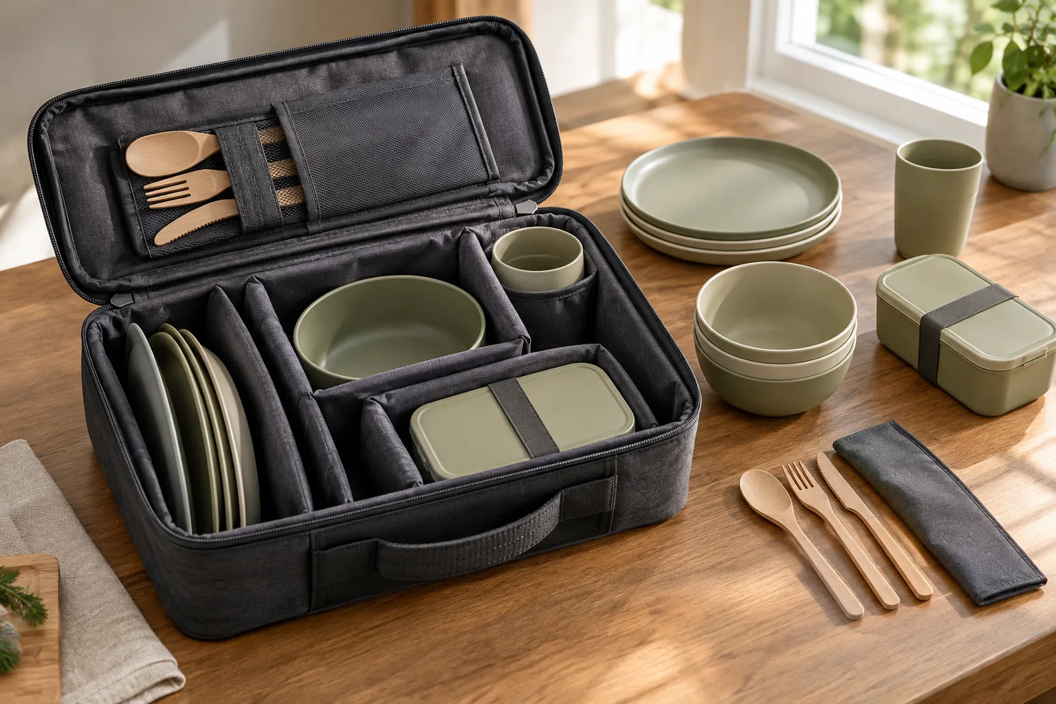 Open carry case with padded plate channels bowl well cup pocket lunch box bay and utensil sleeve beside matching components