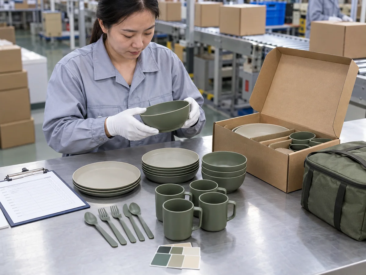 Quality inspector checking a custom outdoor dinnerware set and private-label packaging