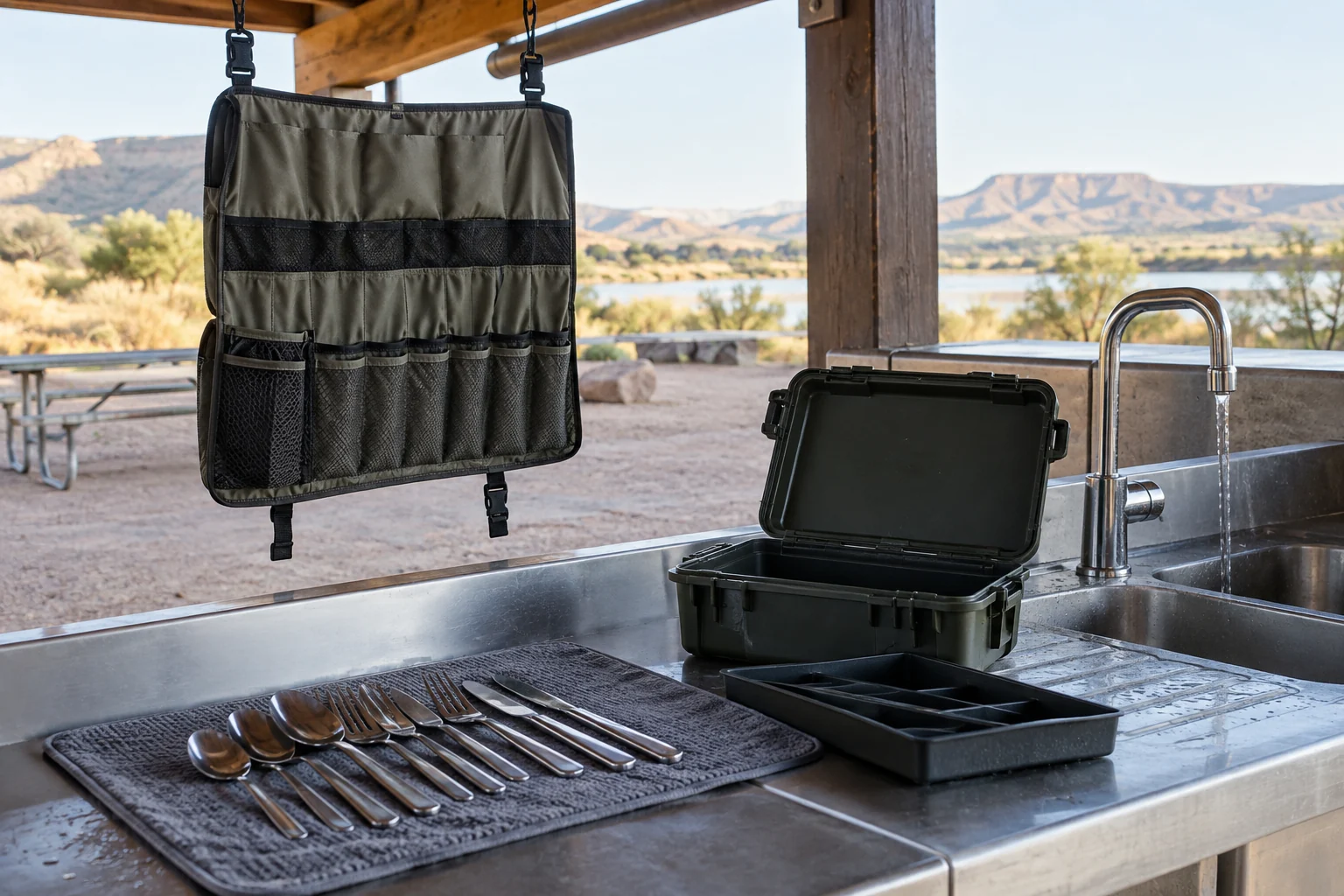 Cutlery Cleaning and Drying Review Camping cutlery drying beside an open hard case and hanging fabric organizer