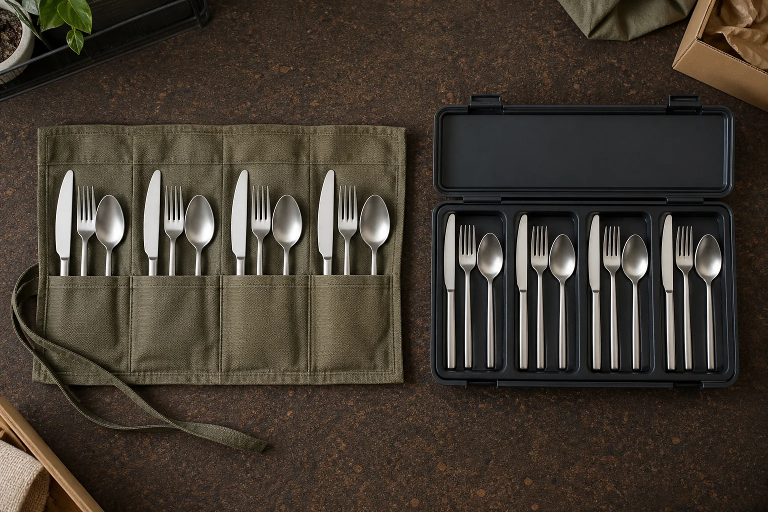 Cutlery Count Control Comparison Four place settings counted beside a fabric roll and rigid cutlery case