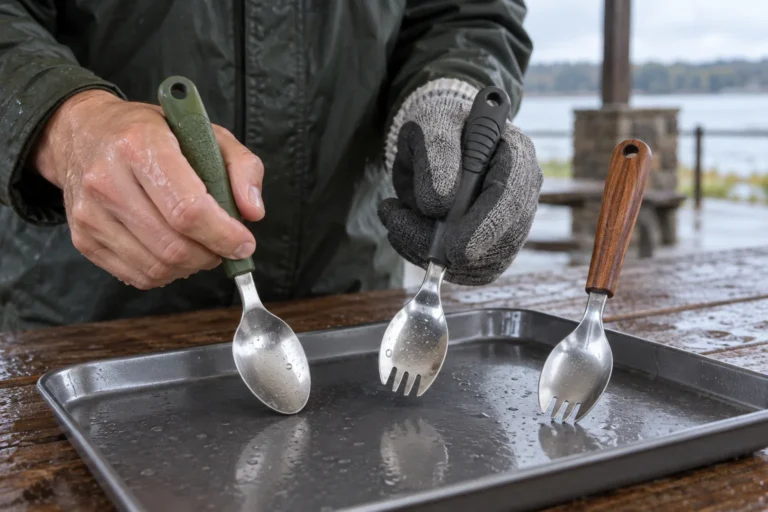 Buyer compares camping cutlery grip designs with a wet bare hand and a gray glove at a riverside shelter