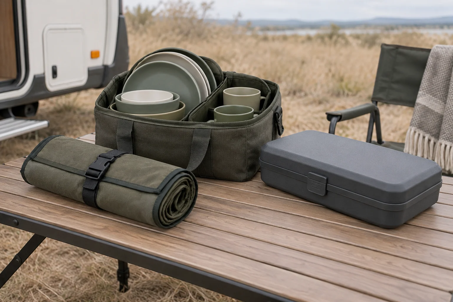 Cutlery Storage Pack Interaction Closed cutlery roll and hard case packed beside an outdoor dinnerware tote
