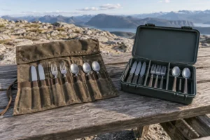 Camping cutlery roll vs hard case compared on a rocky mountain table