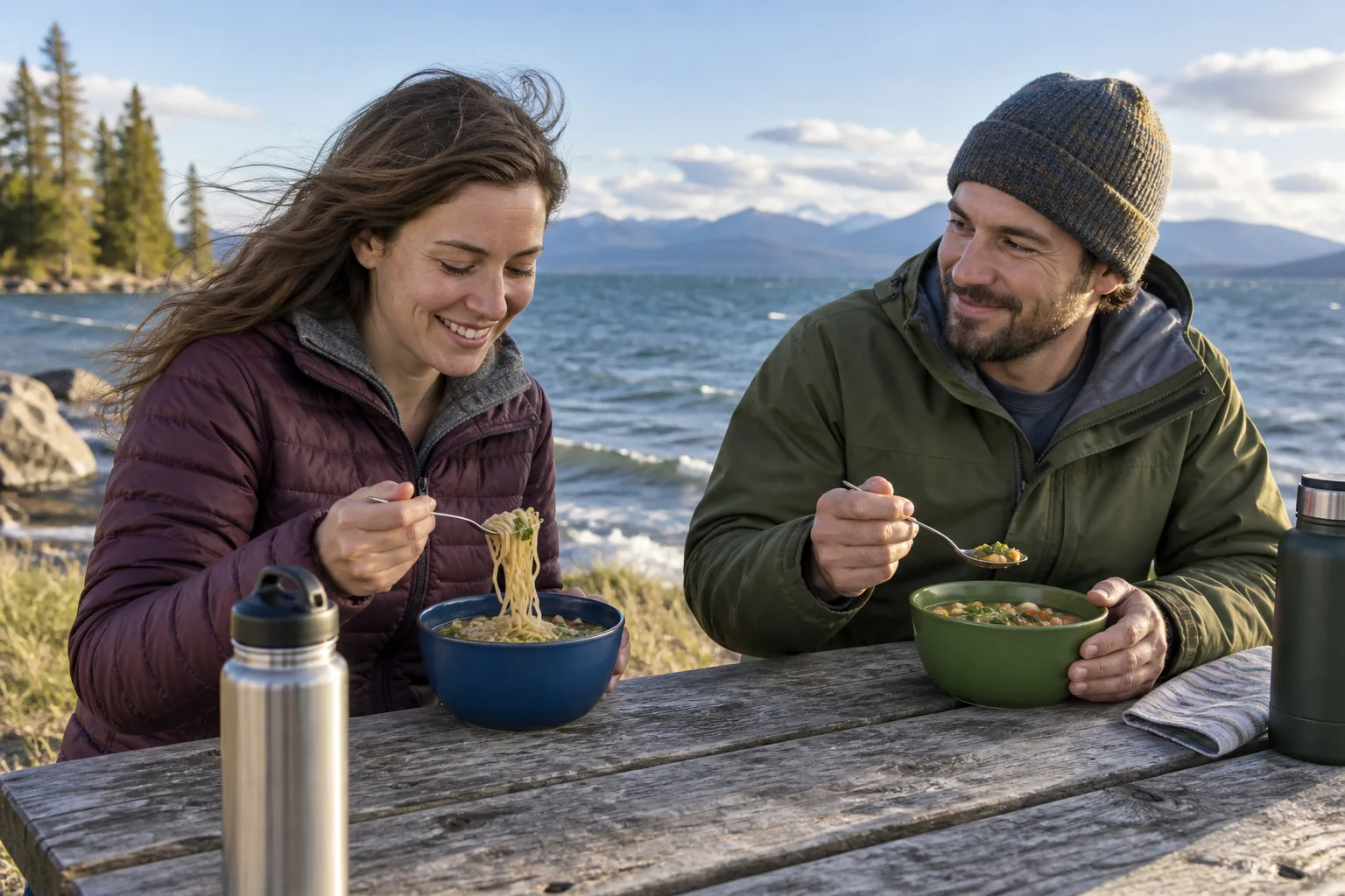 Two adults using deep camping bowls for soup and noodles beside a lake
