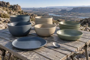 Deep vs shallow camping bowls compared at a rocky outdoor overlook