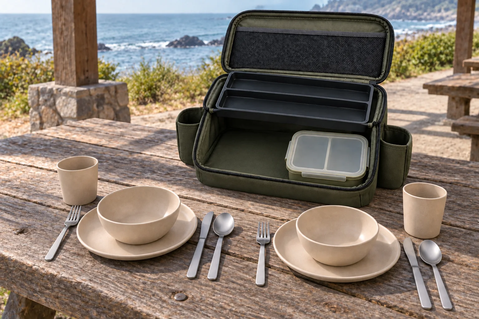Double-Deck Duo Coastal Application Concept Two complete outdoor dinnerware settings beside an open double-deck case at a coastal picnic shelter