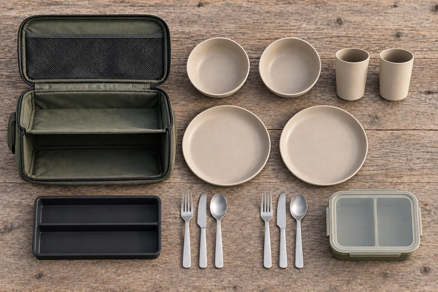 Double-Deck Duo Component Configuration Overhead two-person camping dinnerware configuration with two plates bowls cups cutlery sets tray lunch box and olive case