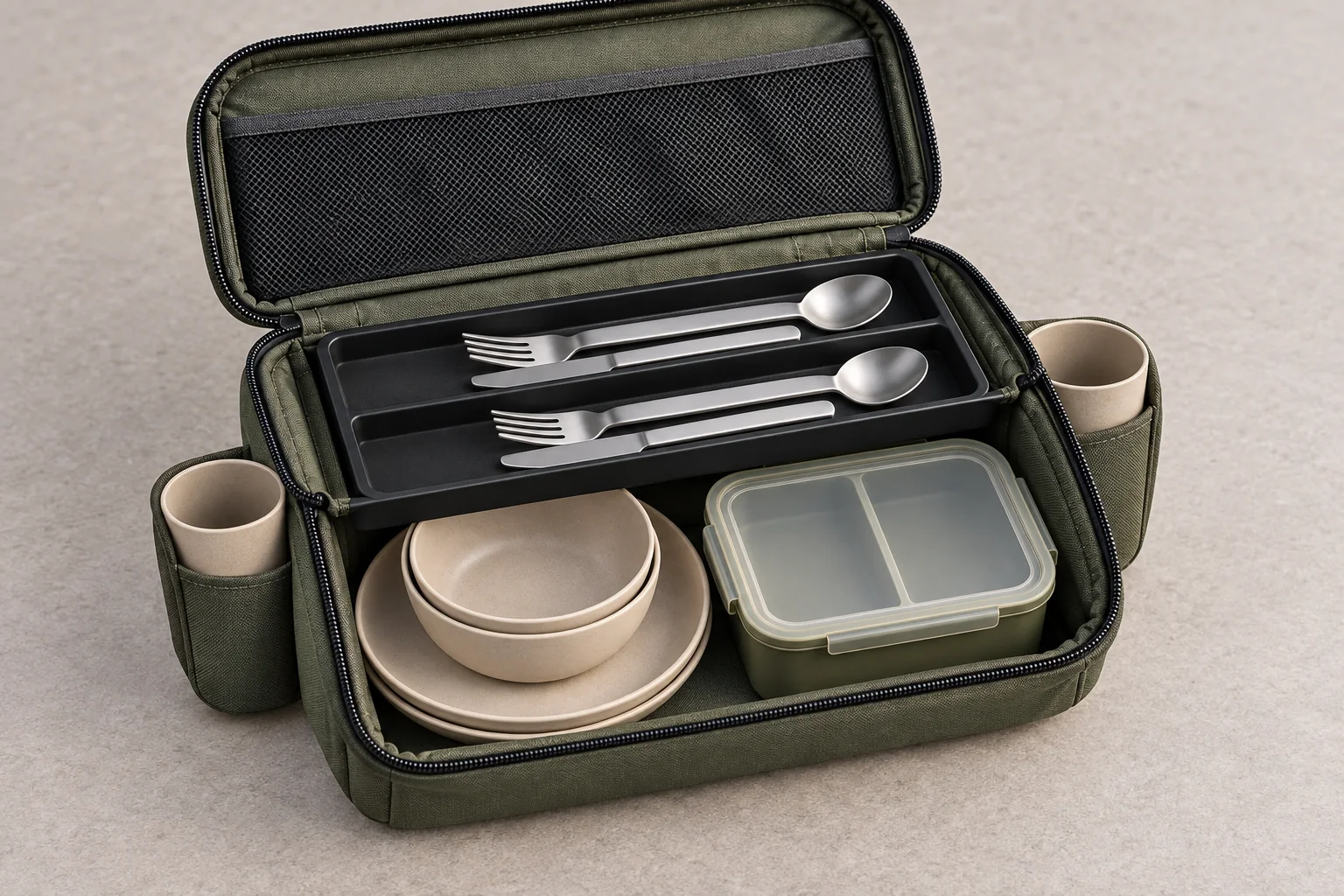 Double-Deck Carry and Packing Detail Close view of double-deck carry case showing cup sleeves cutlery tray stacked plates bowls and divided lunch box