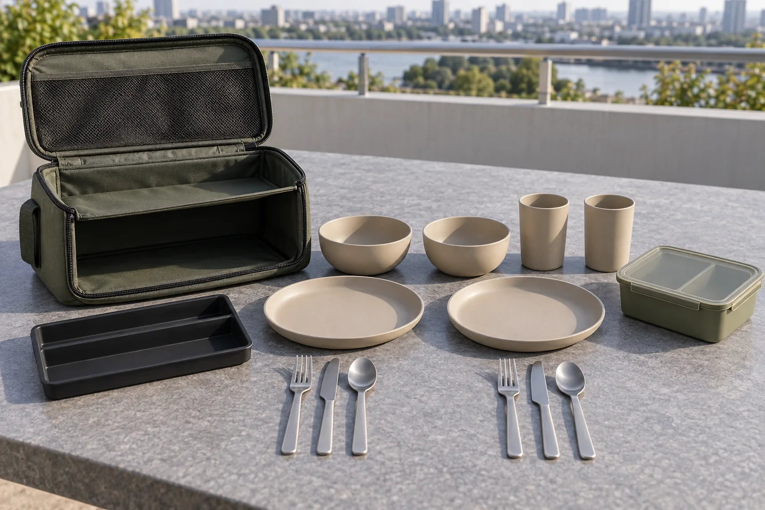 Double-deck camping dinnerware set concept with olive carry case two place settings and divided lunch box on a rooftop terrace