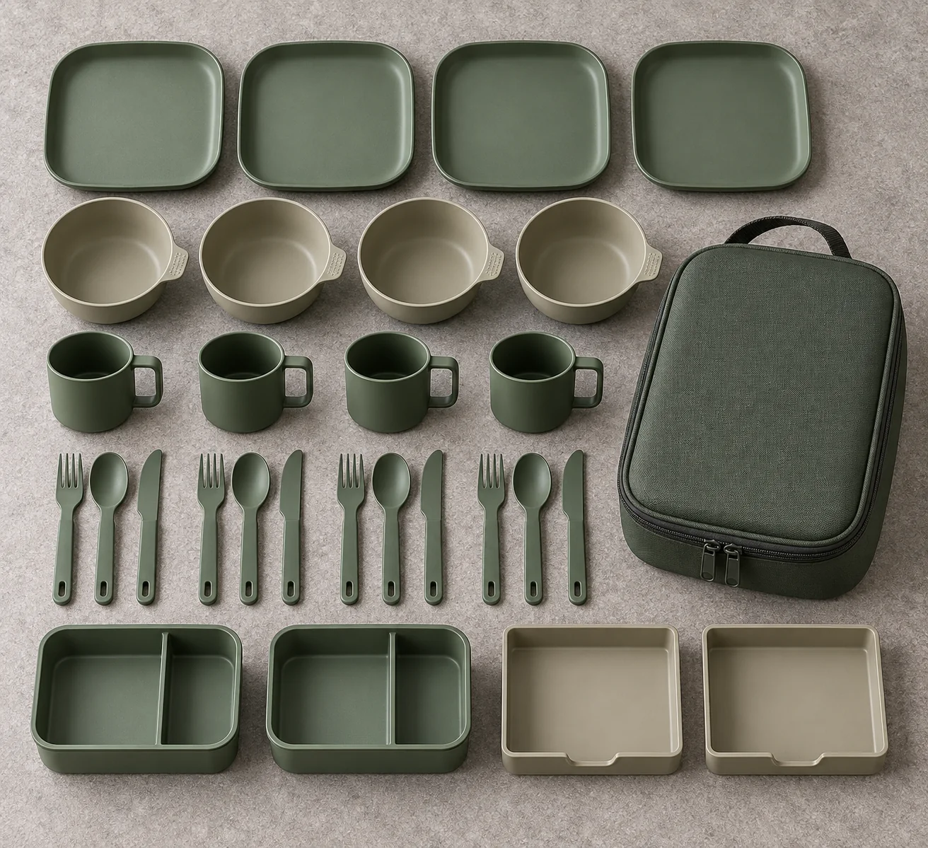 Drawer-Case Set Configuration Configurable rounded-square plates bowls cups cutlery lunch boxes trays and carry case