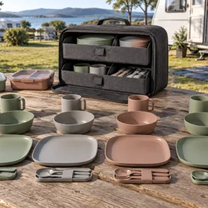 Complete drawer-case camping dinnerware set at a caravan campsite