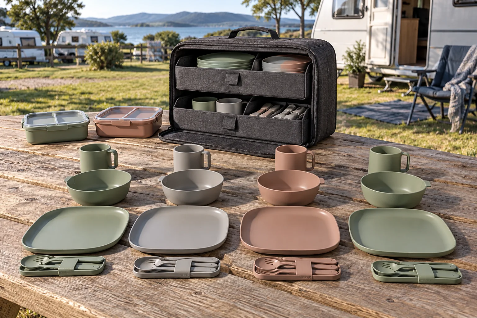 Complete drawer-case camping dinnerware set at a caravan campsite