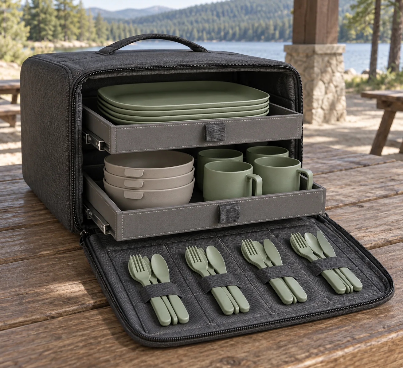 Drawer Tray Storage Detail Removable drawer trays and coordinated cutlery retention inside camping dinnerware case