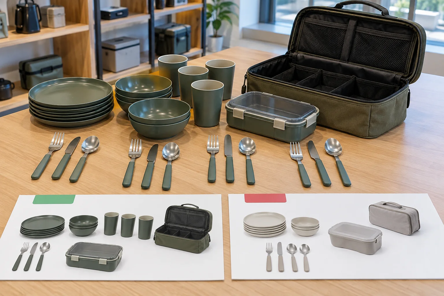 Drawing approval and open-issue review Complete four-person camping dinnerware set with two drawing groups arranged for approval and open-issue review