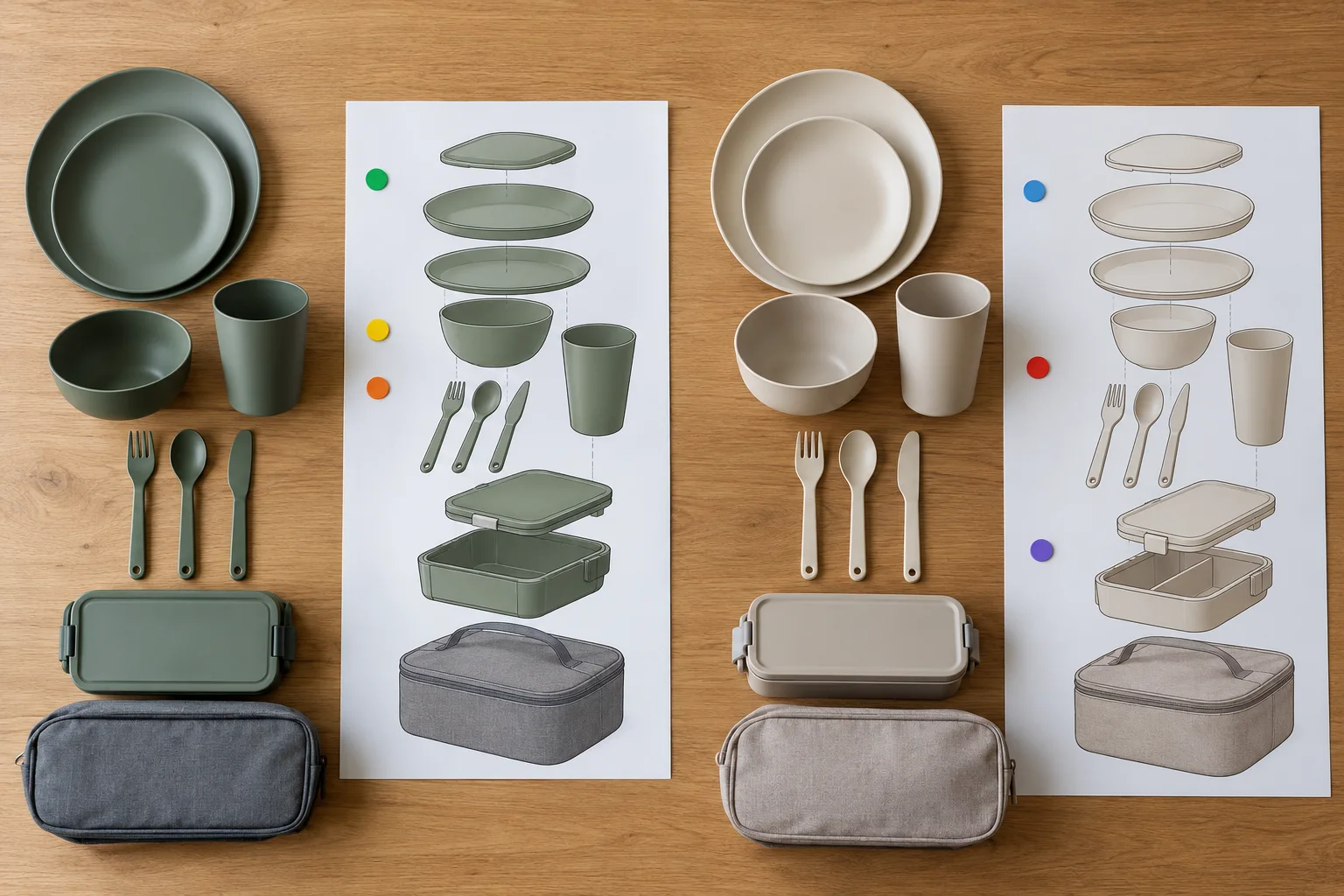 Camping dinnerware drawing comparison Top-down comparison of two camping dinnerware drawing concepts beside plates bowls cups cutlery lunch boxes and carry cases