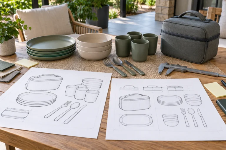 Two technical drawing concepts beside a complete camping dinnerware set and carry case on a patio review table