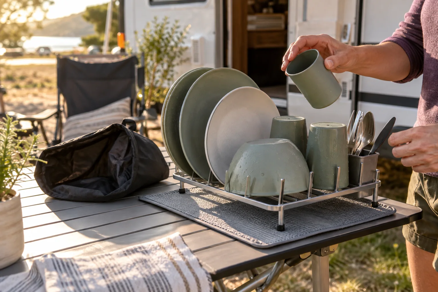 Drying inspection before camping dinnerware repack Outdoor plates bowls cups and utensils air-drying before return to the clean carry-case zone