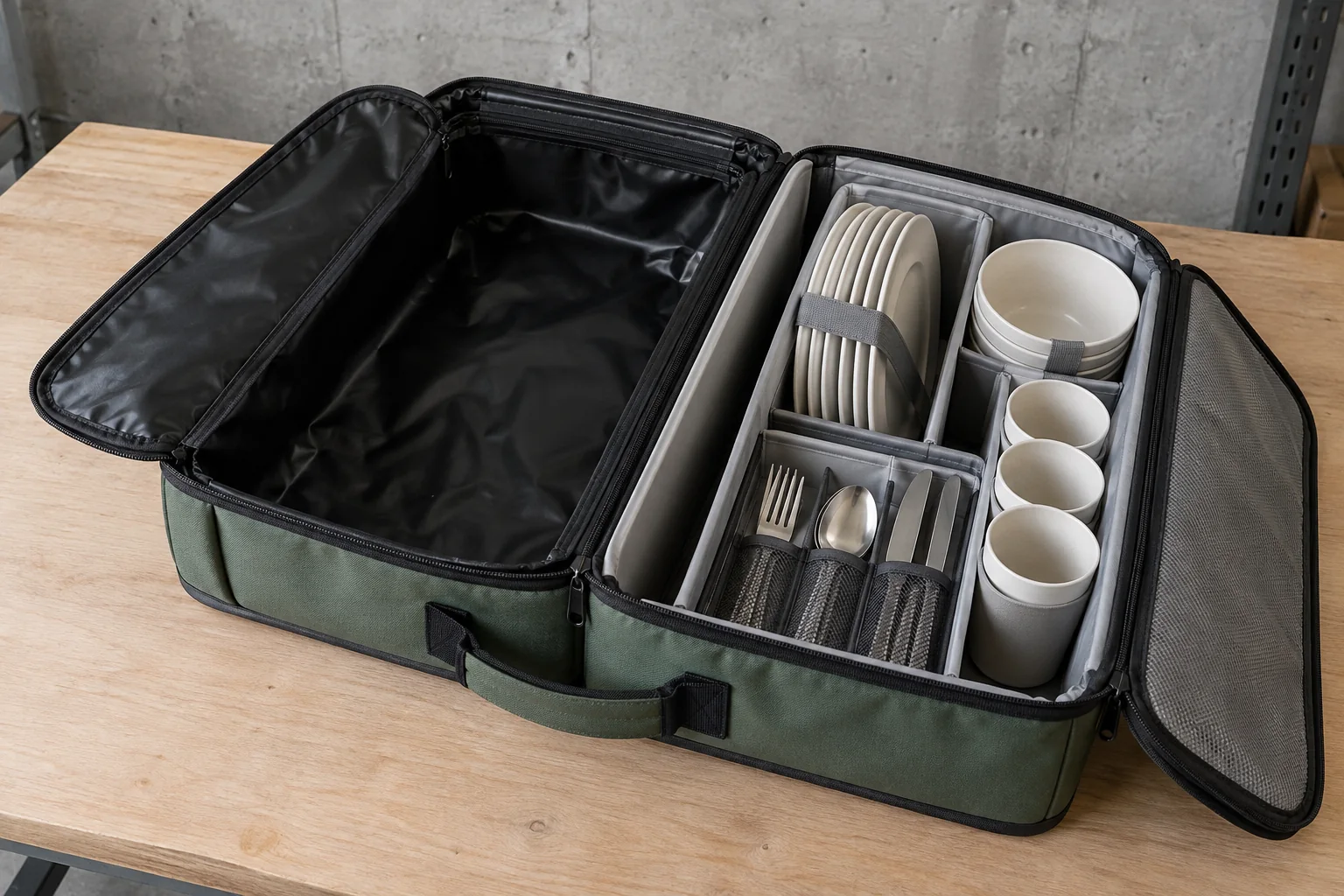 Dual-zone outdoor dinnerware carry-case concept Open carry-case concept with separate washable return zone and protected clean dinnerware compartment