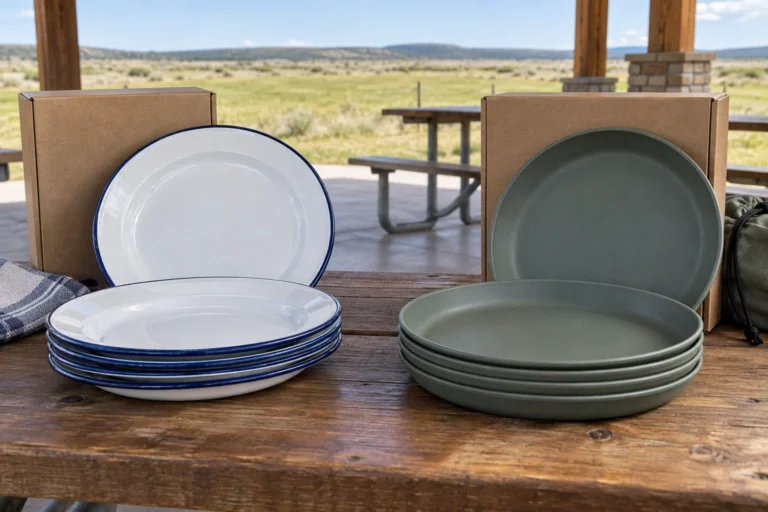 Enamel and PP camping plate sets compared at an open grassland picnic shelter
