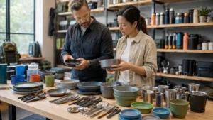 EU vs US camping dinnerware requirements reviewed in a retail sample room
