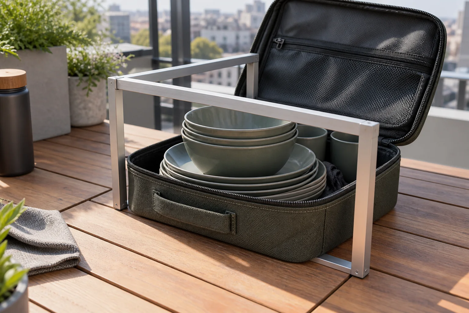 External pack envelope review for nested camping dinnerware in a carry case