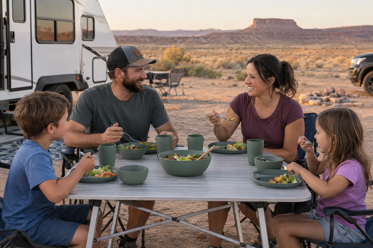 Family of four using individual camping dinnerware with one shared serving bowl