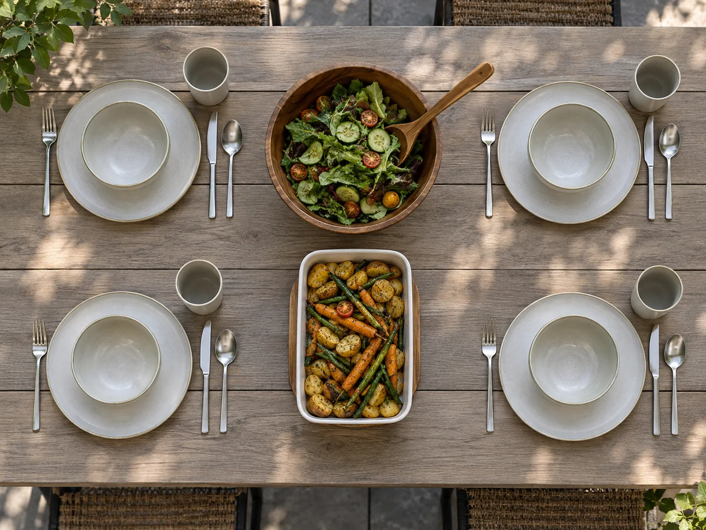 Four family camping place settings arranged around shared serving pieces