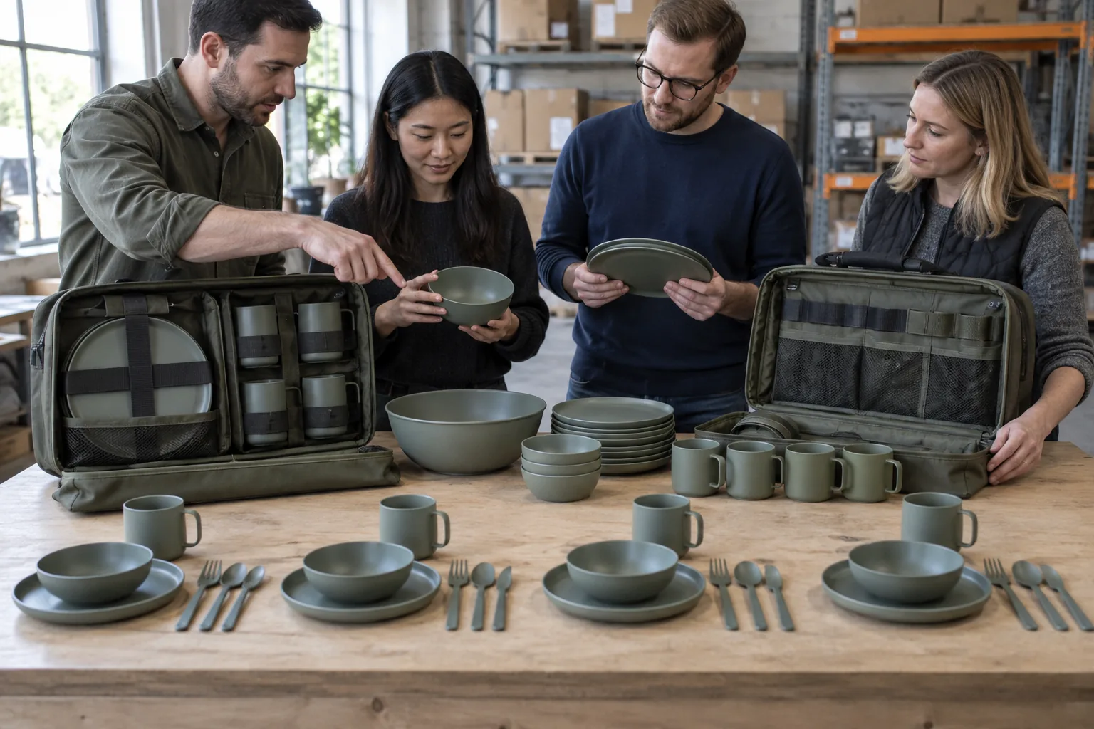 Buyers reviewing individual and shared pieces for a family camping set