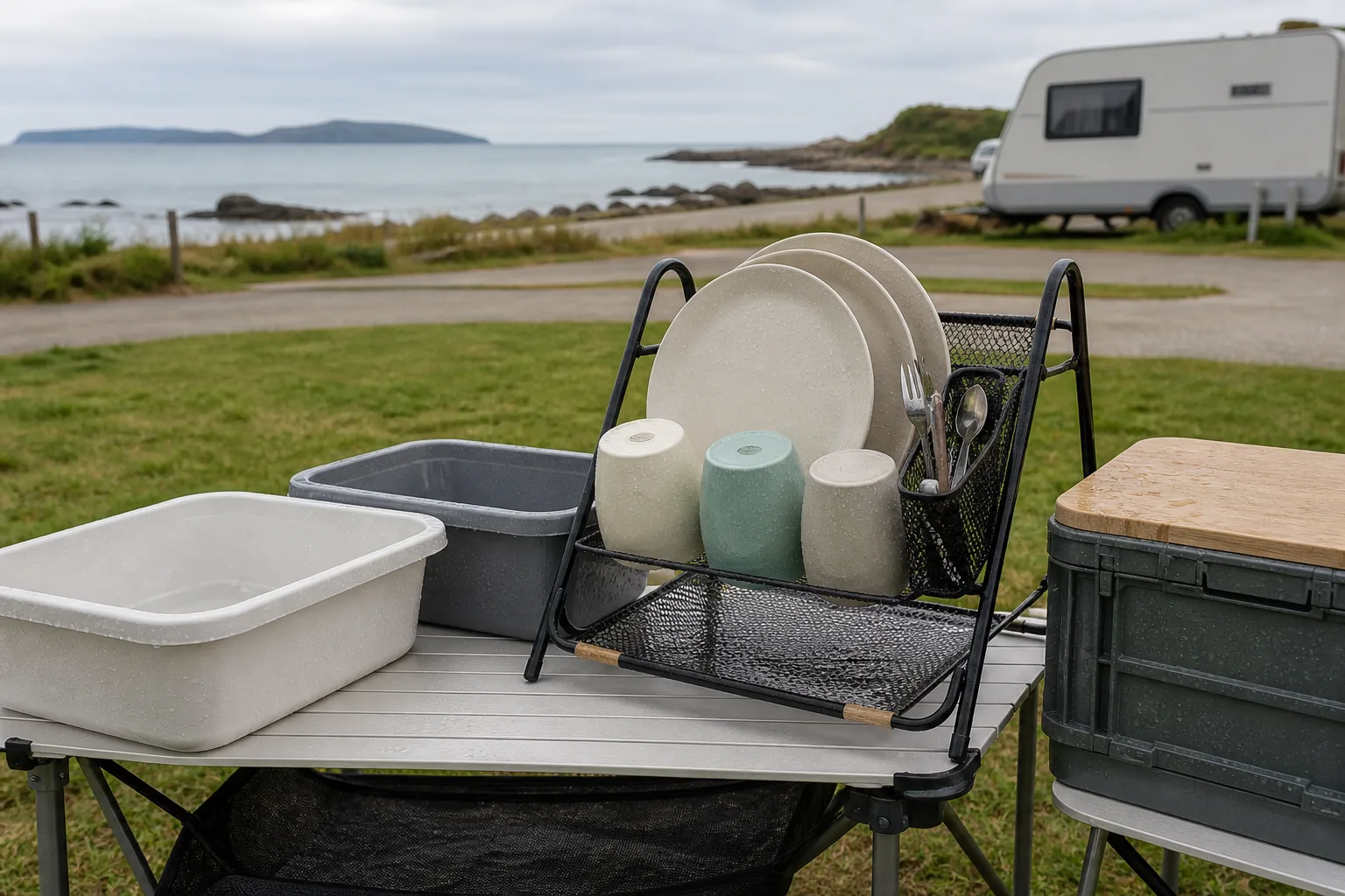 Family Camping Dinnerware Cleanup and Drying Reusable family camping dinnerware drying on a rack at a coastal caravan campsite