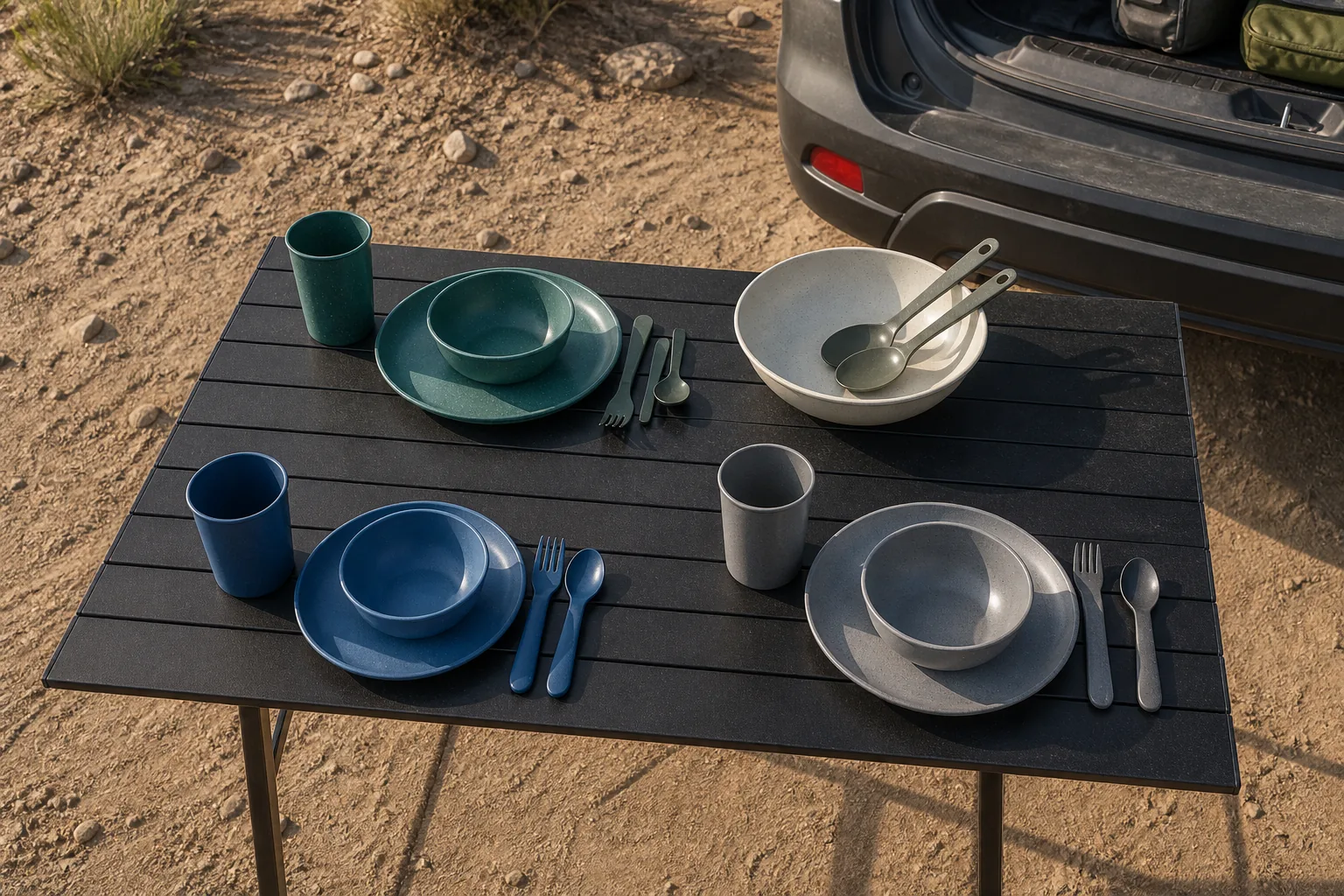 Family Camping Dinnerware Module Review Family camping dinnerware modules arranged for adult child shared and spare use at a dryland car campsite