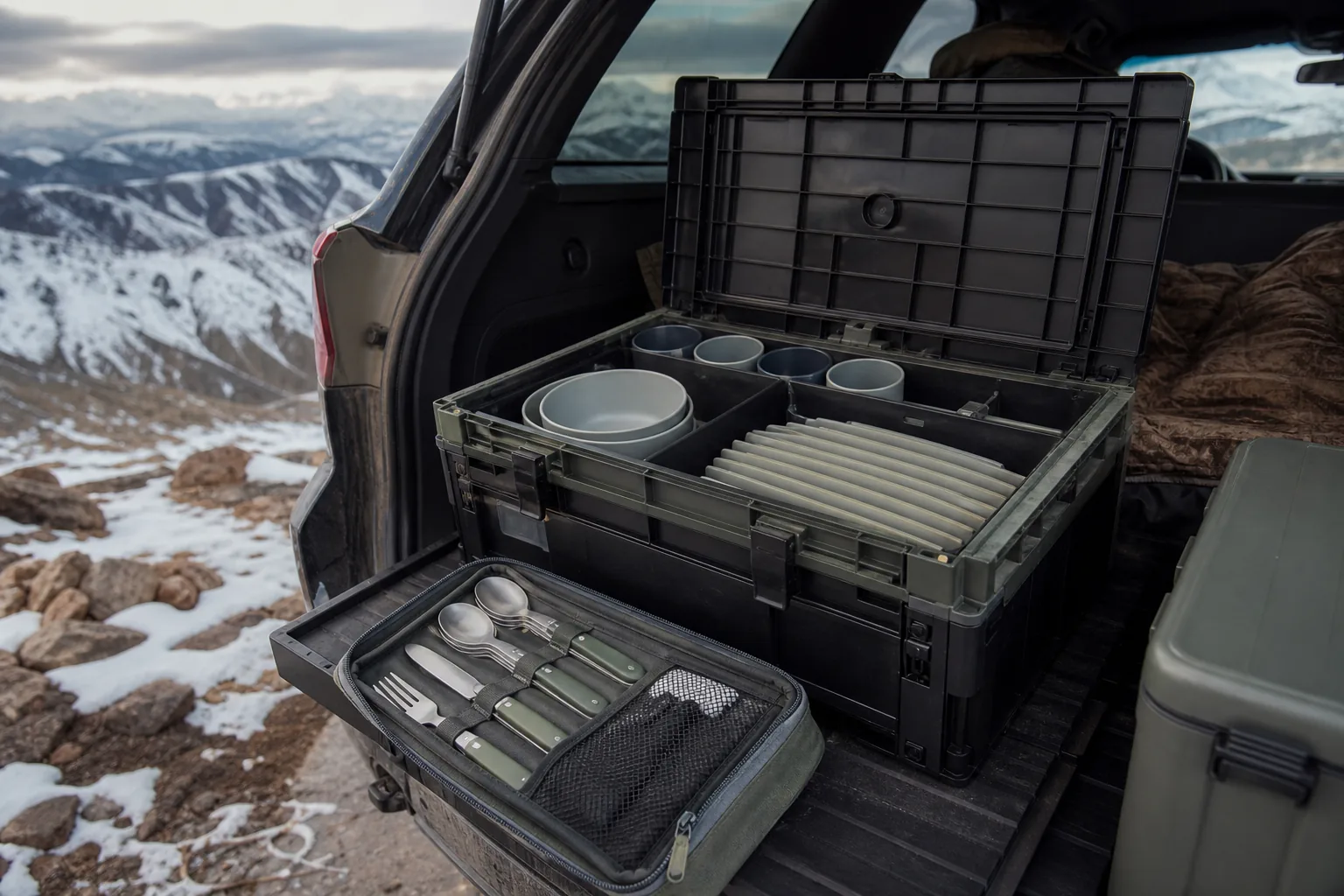 Family Camping Dinnerware Vehicle Pack-Out Four-person family camping dinnerware packed into a modular vehicle storage box in a snowy mountain setting