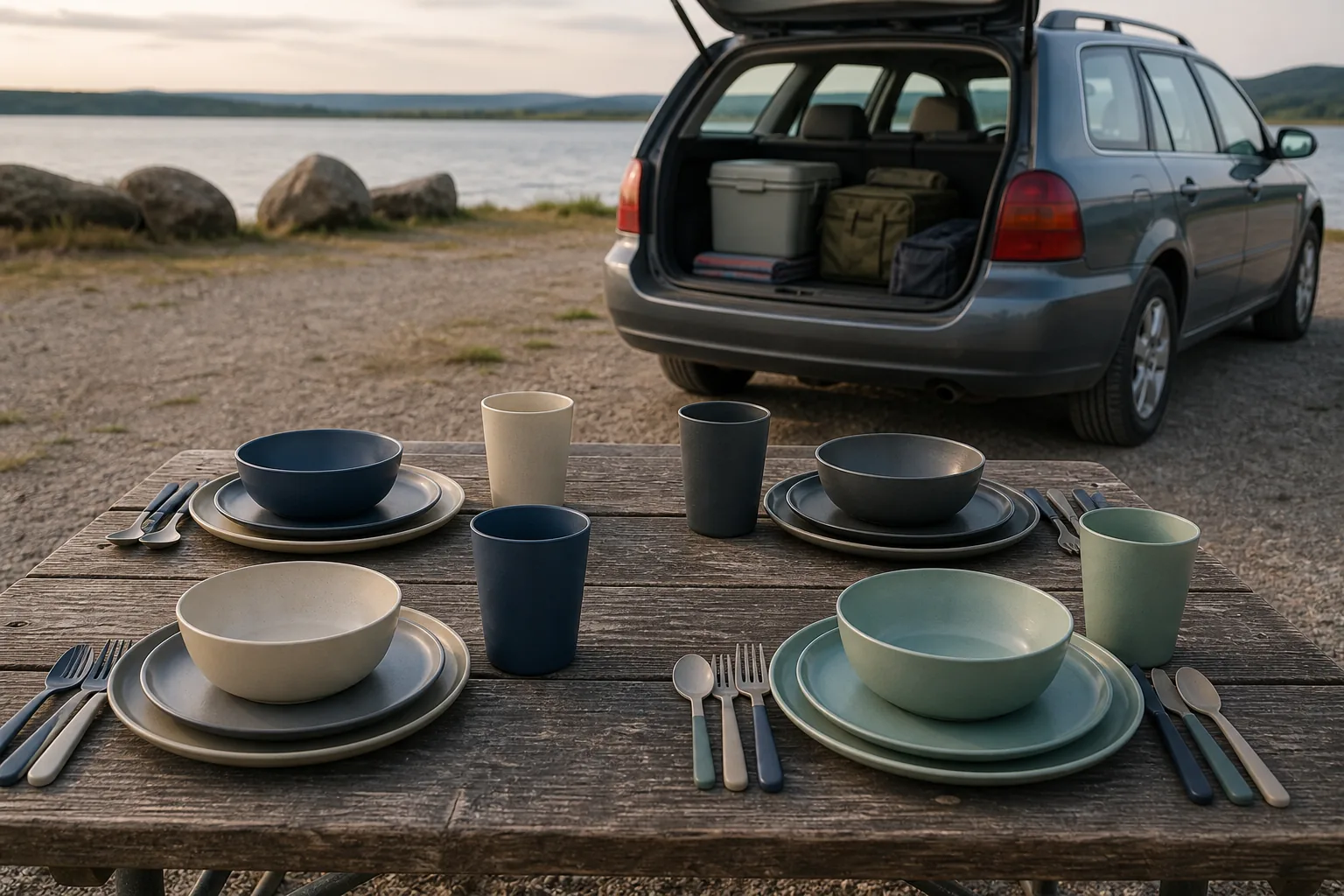 Family Car Camping Dinnerware at a Lakeside Campsite Best camping dinnerware for family car camping arranged at a lakeside vehicle campsite