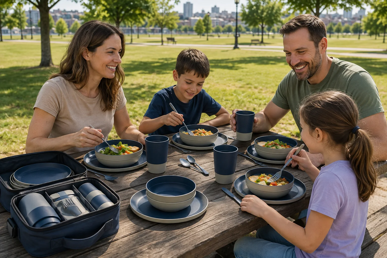 Family using a coordinated camping dinnerware set at a city park
