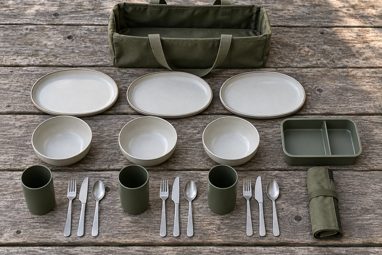 Field-Tote Three-Person Component Configuration Overhead concept of three oval plates bowls cups cutlery settings two-compartment lunch box utensil roll and open field tote