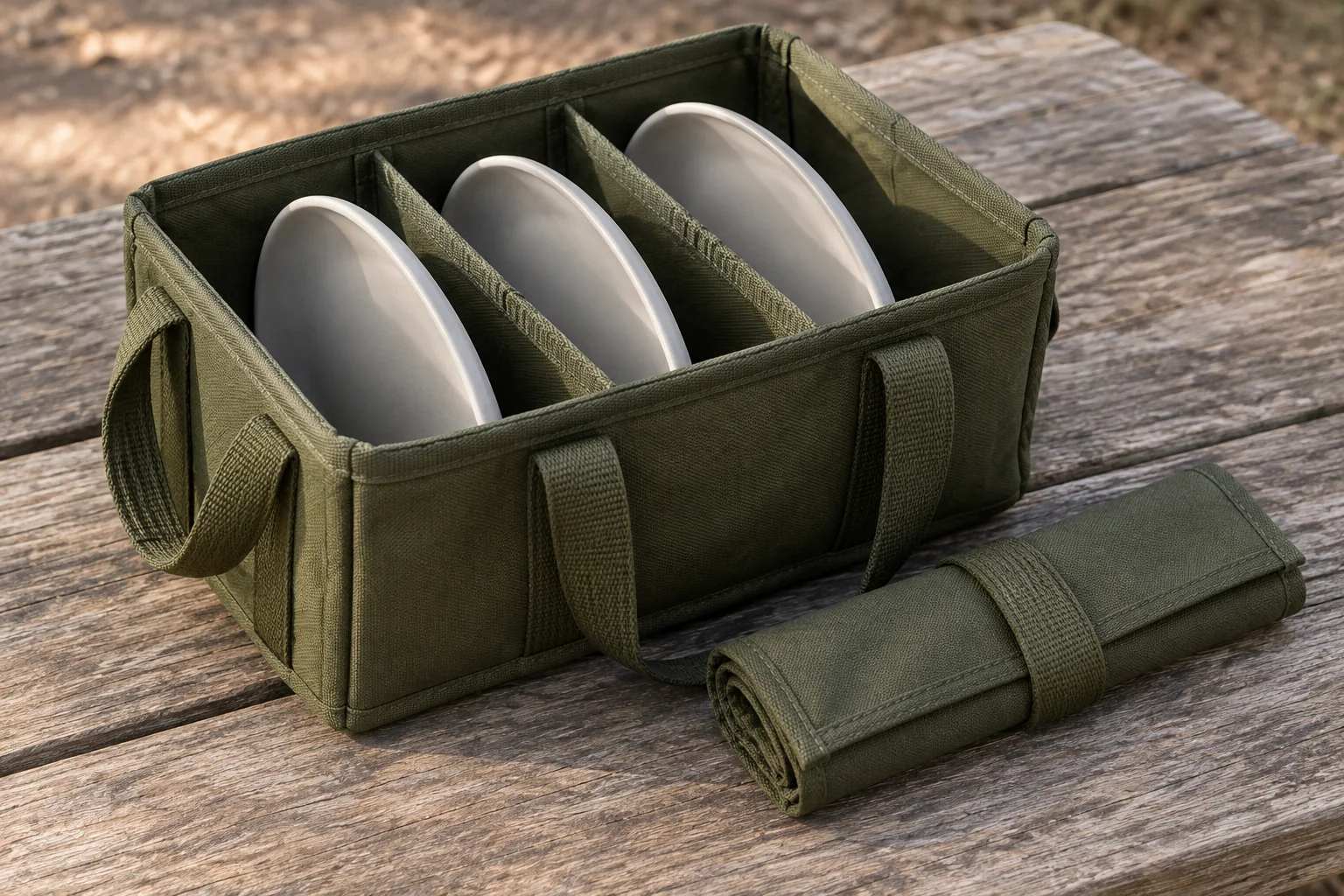 Field-Tote Upright Divider and Utensil-Roll Detail Close view of three oval plates in separate upright divider sleeves of an olive field tote beside a closed cutlery roll
