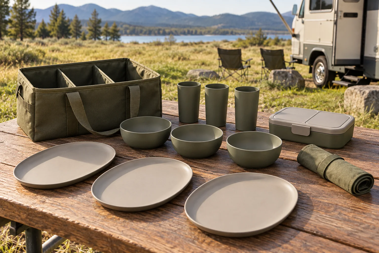 Concept field tote camping dinnerware set with three oval plates bowls cups lunch box utensil roll and open tote at an RV campsite