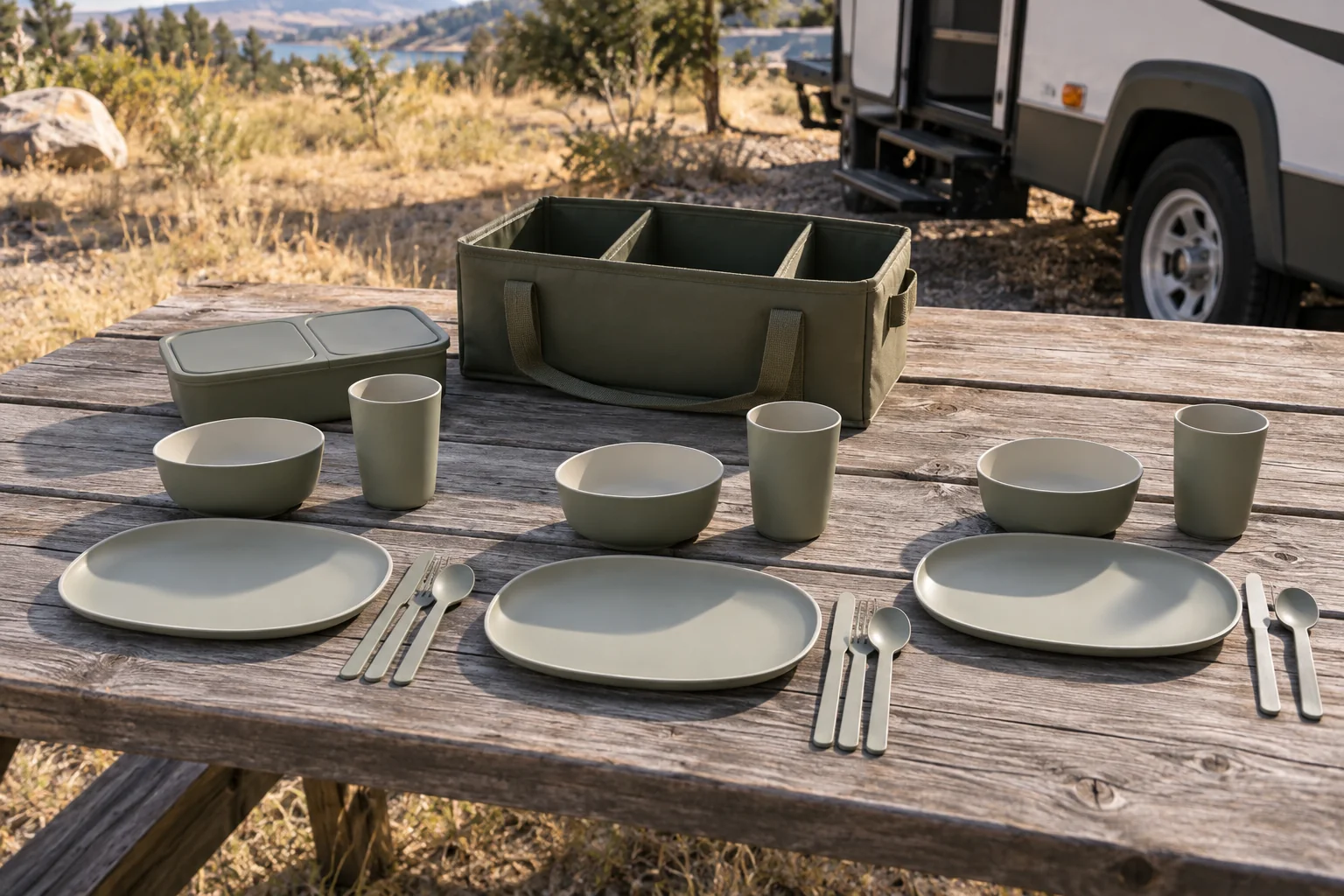 Field-Tote Three-Person Outdoor Application Concept Three outdoor dining settings with oval plates bowls cups and cutlery beside an open field tote and lunch box at an RV campsite